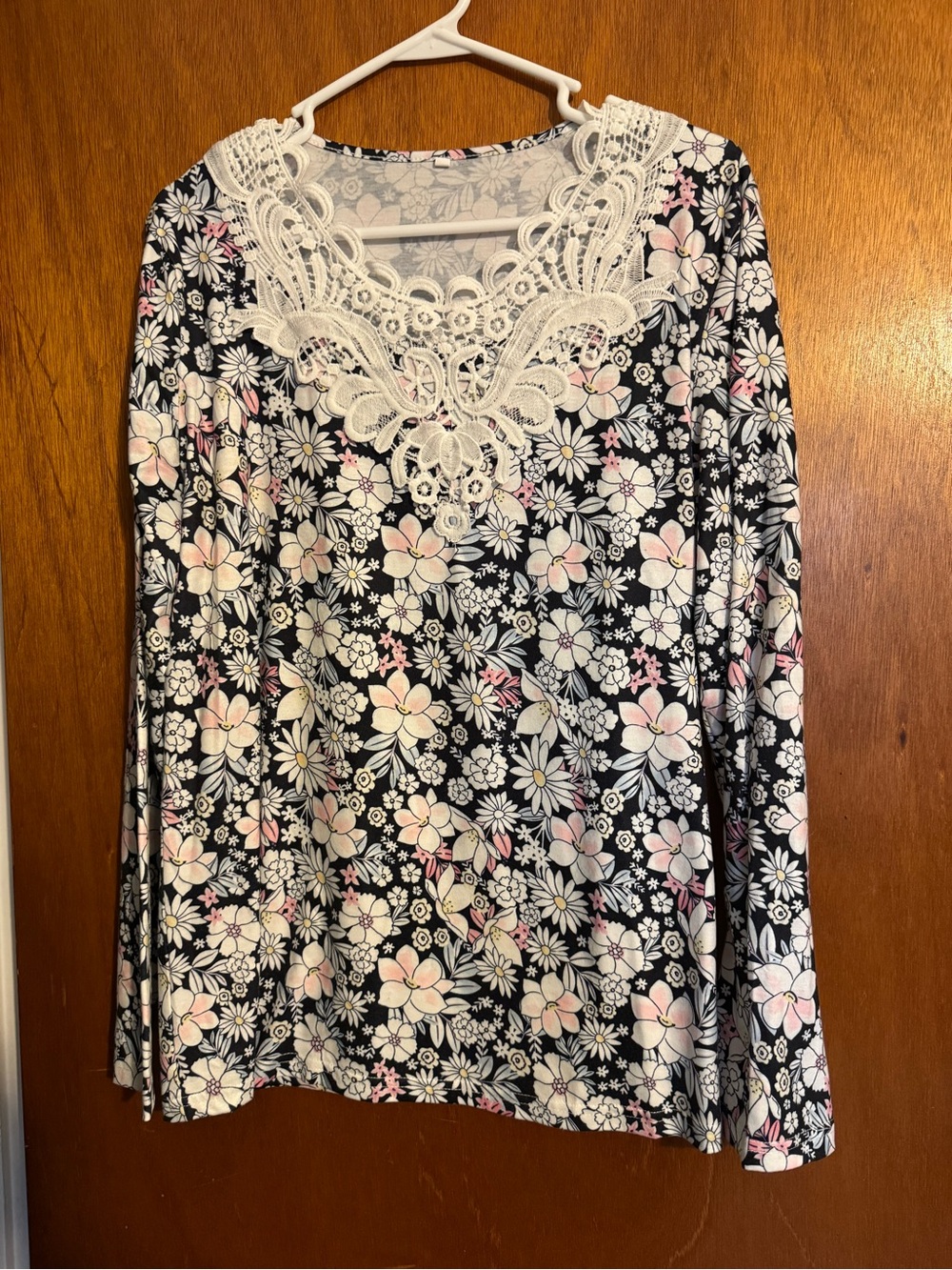 Floral Lace-Trim Long Sleeve Top - Black with Pink & Cream Flowers